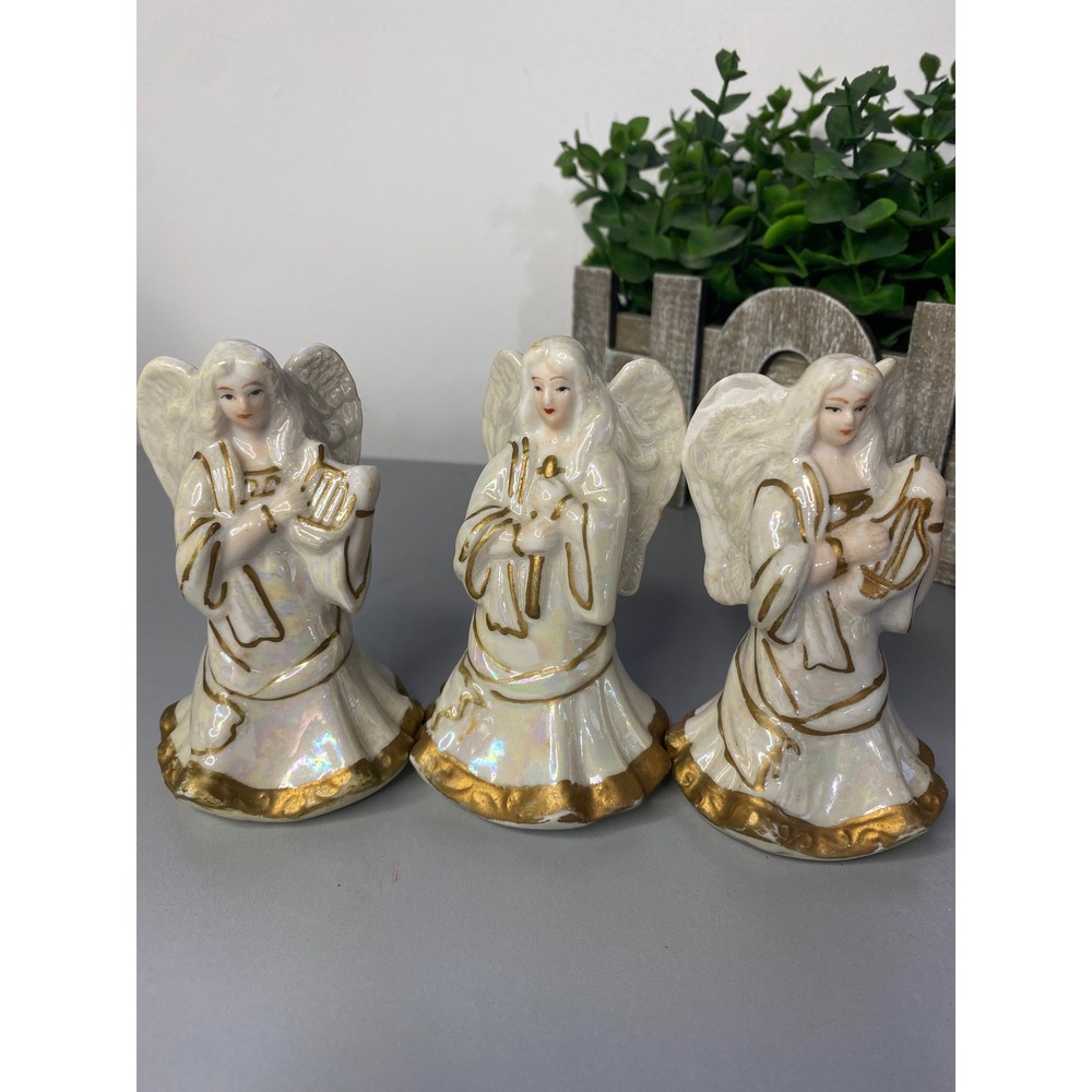 3 Ceramic Angels with Harps and Candles Iridescent Gold Trim Angel Figurines‎
